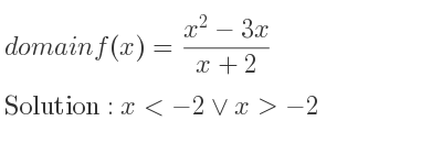 The domain of f(x)=(x^2-3x)/(x+2) is x<-2\lor x>-2